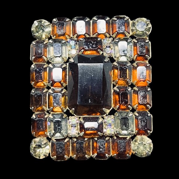 Chunky Brown, Clear & AB Glass Rhinestone Brooch W/Clip On Earrings Set (4950) - Picture 2 of 10